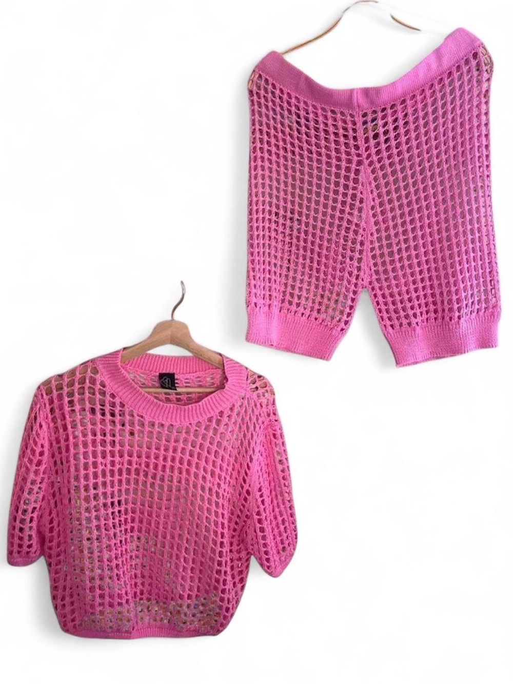 American Vintage Pink Open-Knit Capris Set